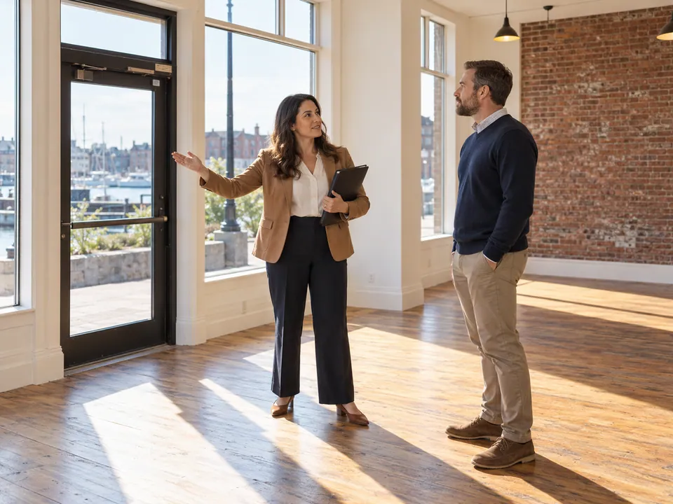 Two adults discussing an empty commercial room with brick walls and tall windows