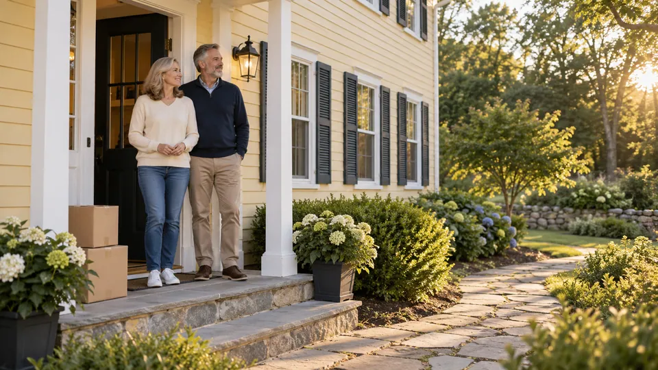 A couple standing at the front entrance of a yellow home beside moving boxes
