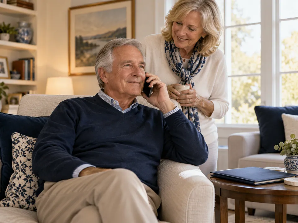 A seated man speaking on a phone while a woman stands nearby holding a cup