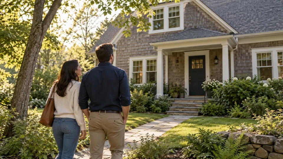Two adults looking toward a shingled home from a garden path
