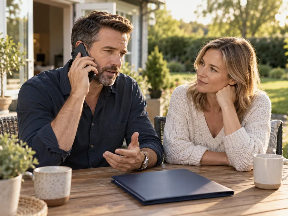 A man speaking on a phone while a woman listens at an outdoor table