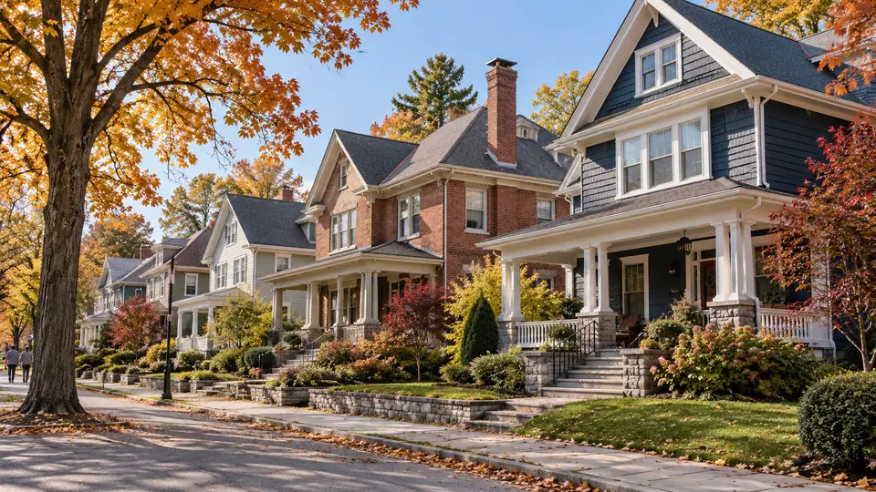 Illustrative Cranston-inspired residential block with deep porches and tree-lined sidewalks