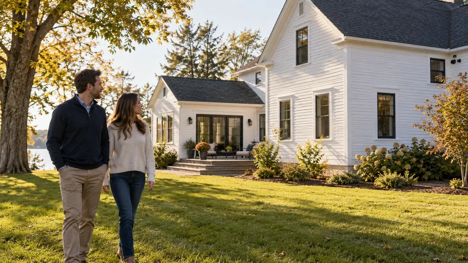 Two adults viewing a white clapboard home from its lawn