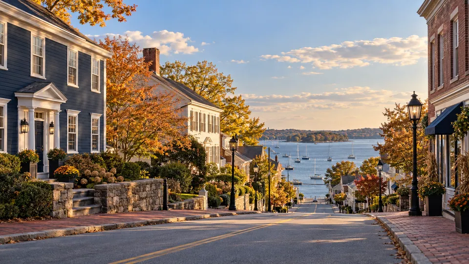 Village street with clapboard and brick buildings descending toward a sailboat harbor in an East Greenwich-inspired setting