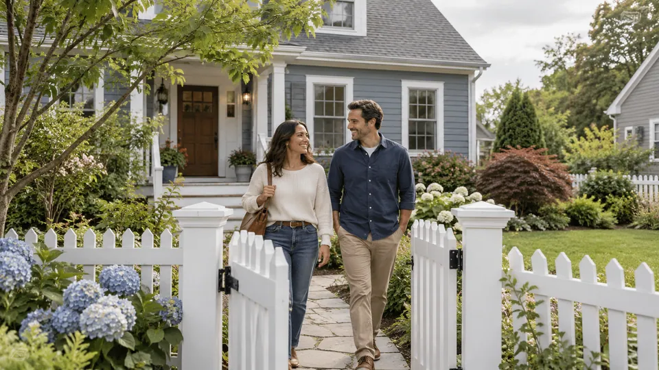 Two adults walking through a white garden gate outside a blue-gray home