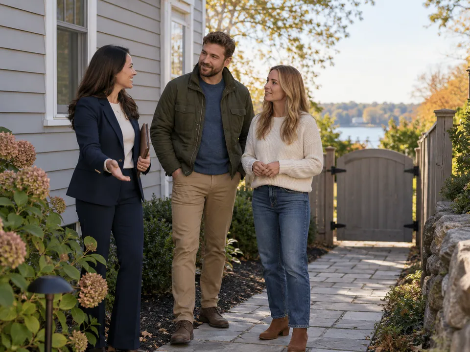 Three adults discussing a property beside a house and garden gate