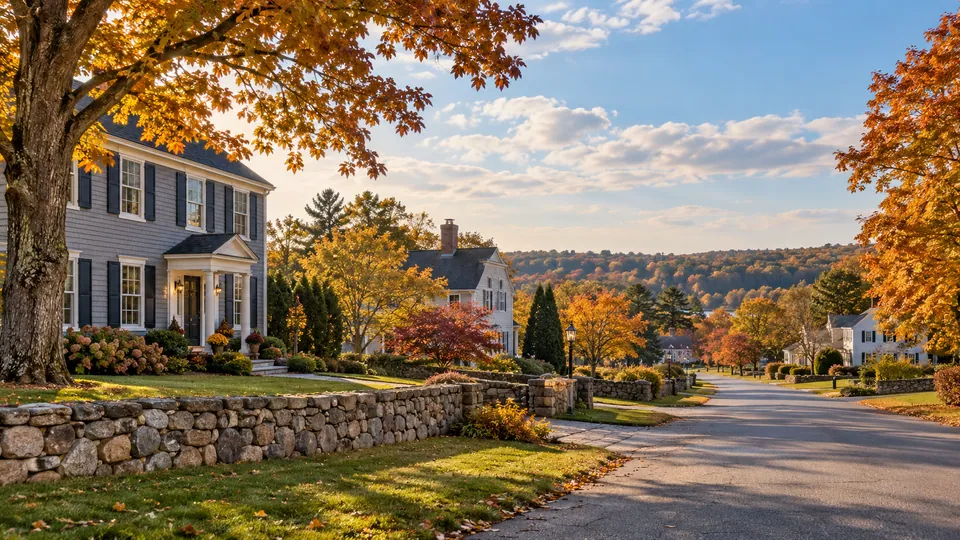 Autumn-lined residential street with clapboard homes and low stone walls in a Johnston-inspired setting