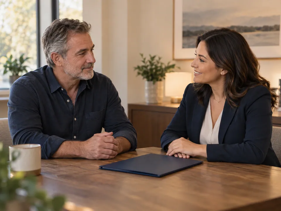 Two adults discussing a closing plan at a table with a closed navy folder