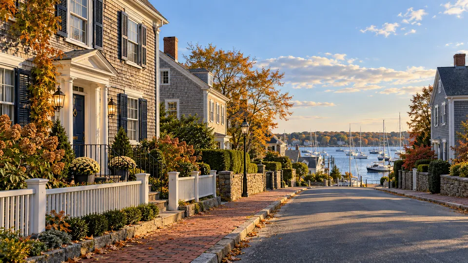 Shingled homes and brick sidewalks on a residential street overlooking a sailboat harbor in a Newport-inspired setting