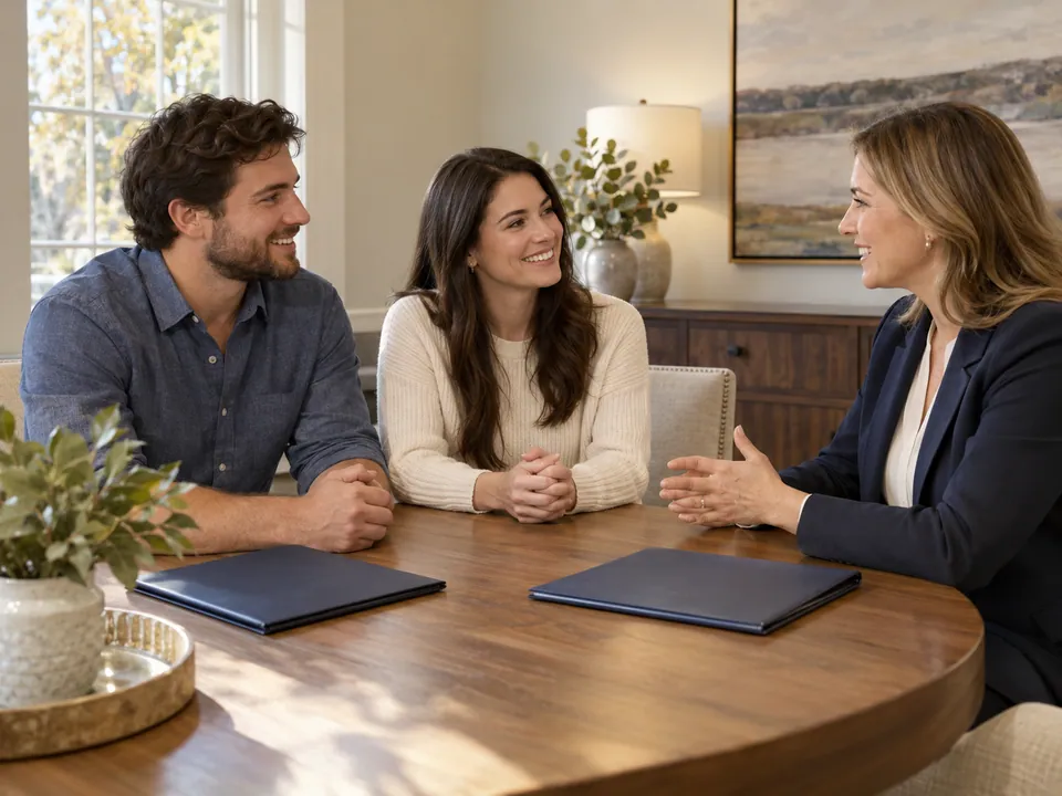 Three adults discussing a closing plan at a table with two closed folders