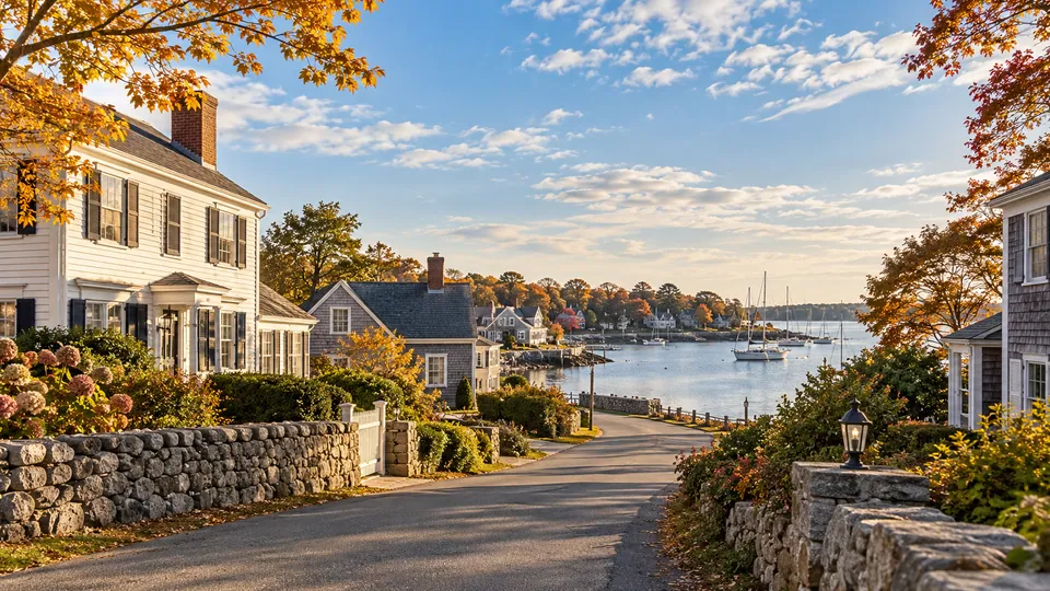 Clapboard homes and low stone walls along a village road beside a harbor in a North Kingstown-inspired setting