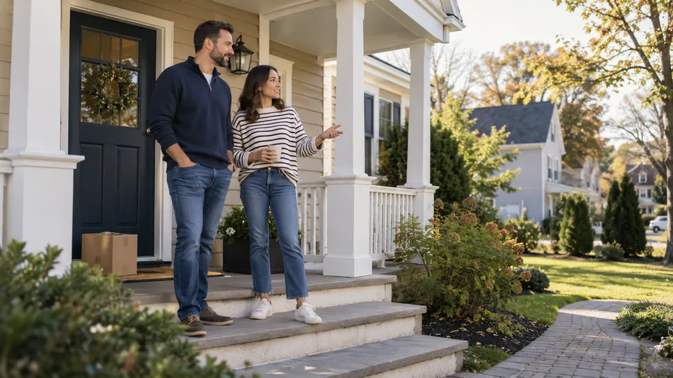 A couple standing on the steps of a cream-colored home beside a moving box