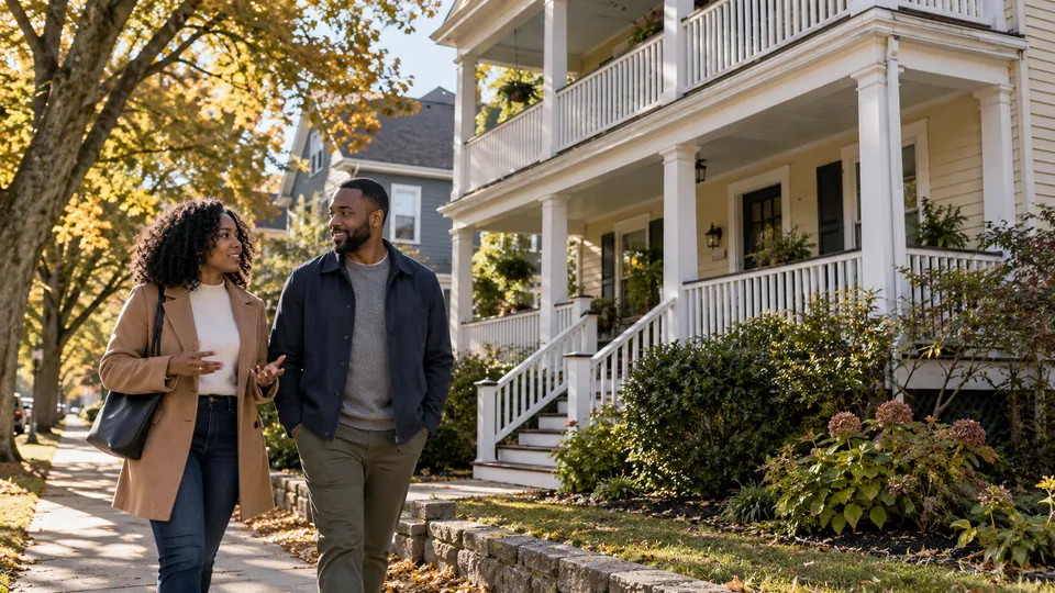 Two adults talking on a sidewalk beside a cream clapboard building with stacked porches