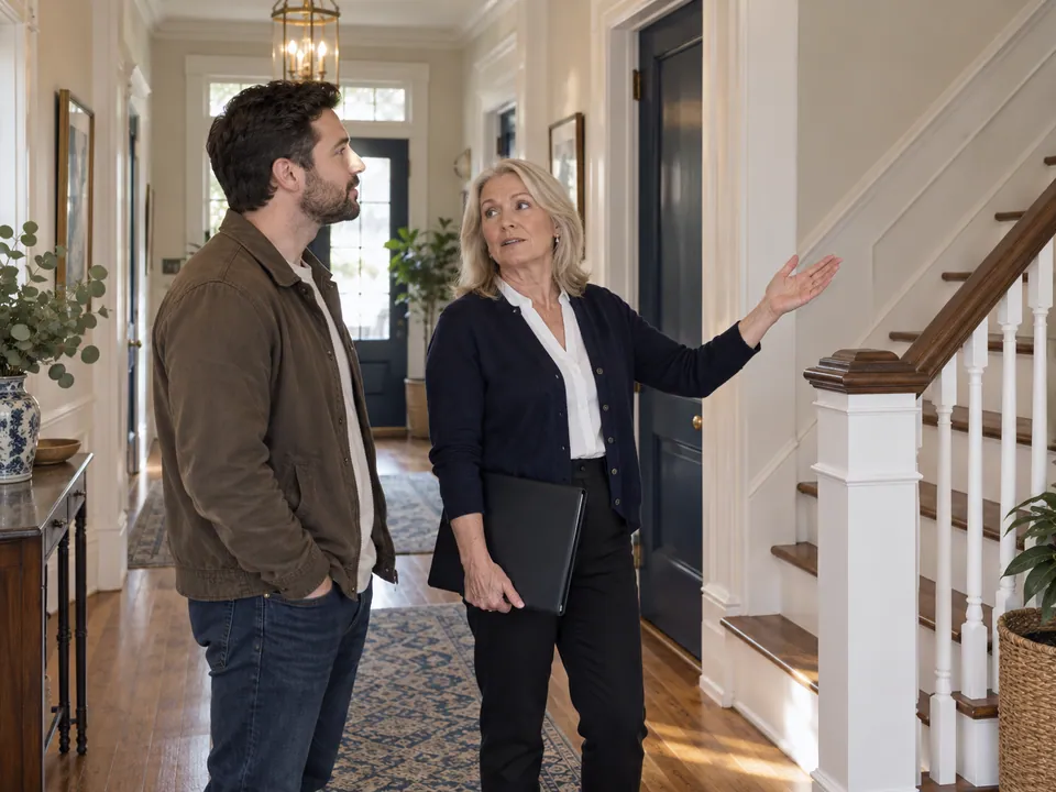 Two people discussing a residential entry hall and staircase