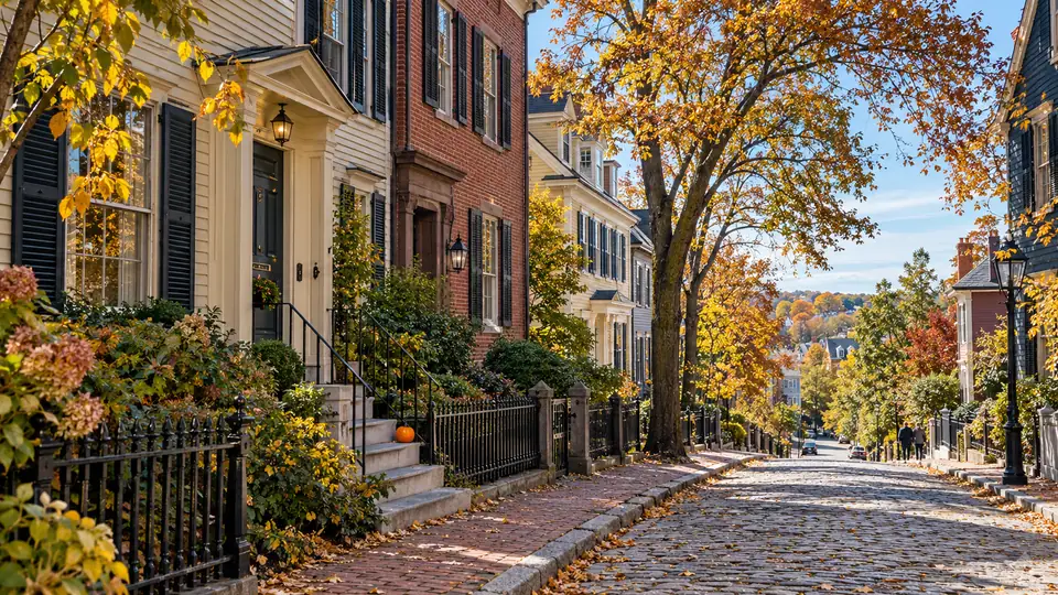 Illustrative Providence-inspired hillside street with brick and clapboard homes in autumn
