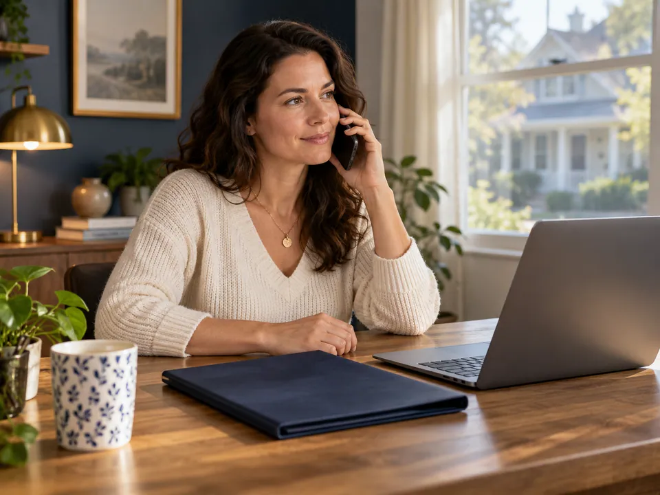 A woman speaking on a phone at a home desk beside a laptop and closed folder