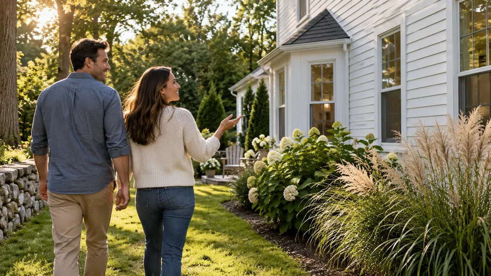 Two adults discussing a white clapboard home beside a planted garden