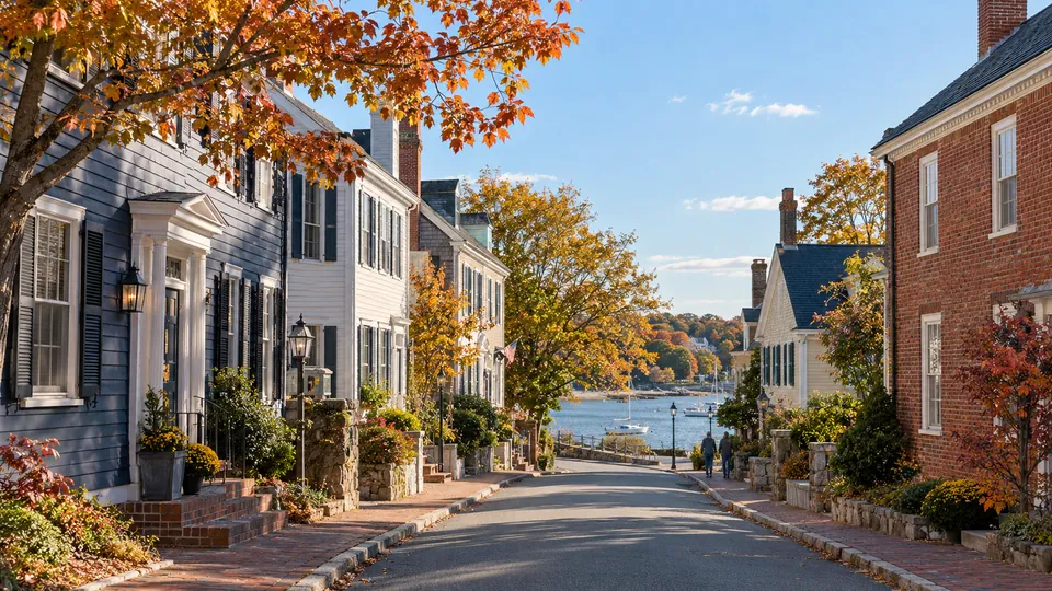 Illustrative Warwick-area village street opening toward a tidal cove