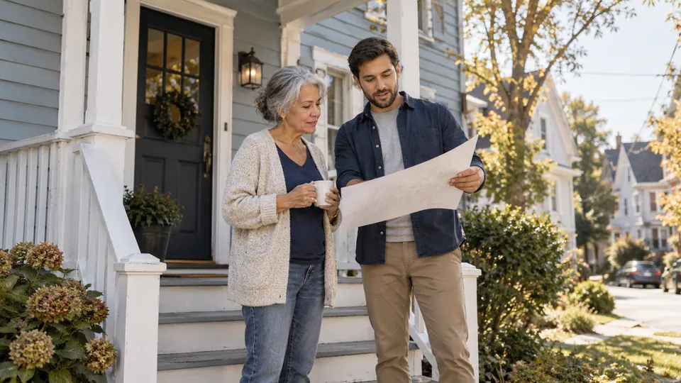 Two adults looking at a large drawing outside a blue-gray clapboard home