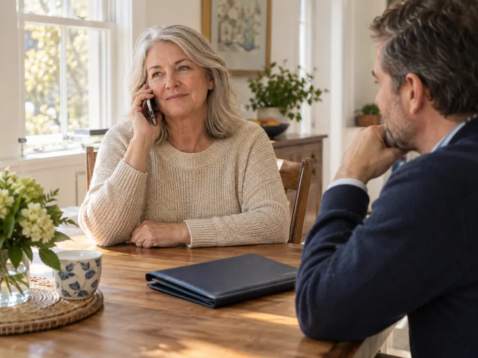 A woman speaking on a phone while a man listens across a table