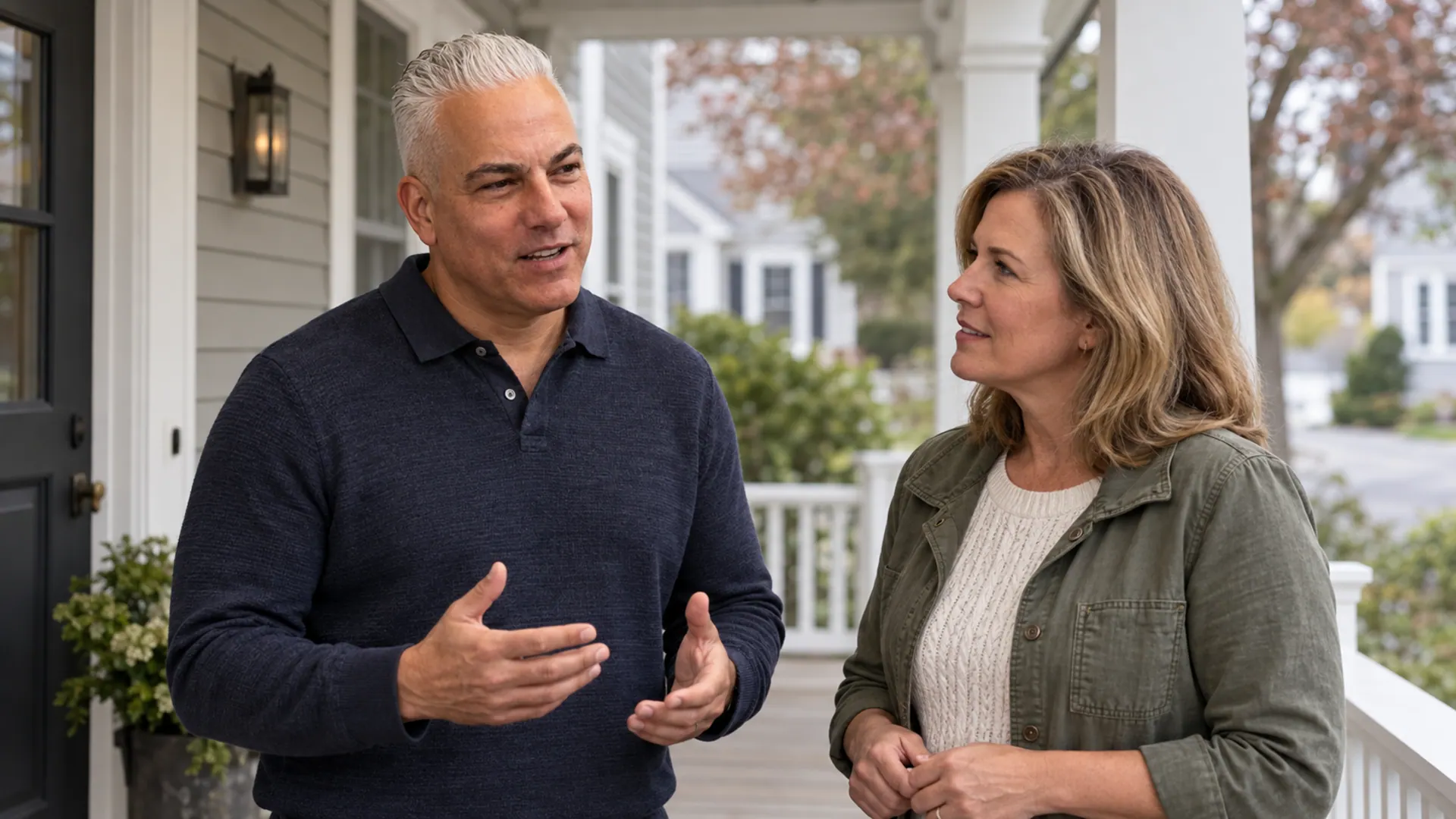 Dan Balkun discussing homeownership protection with a homeowner on a New England porch