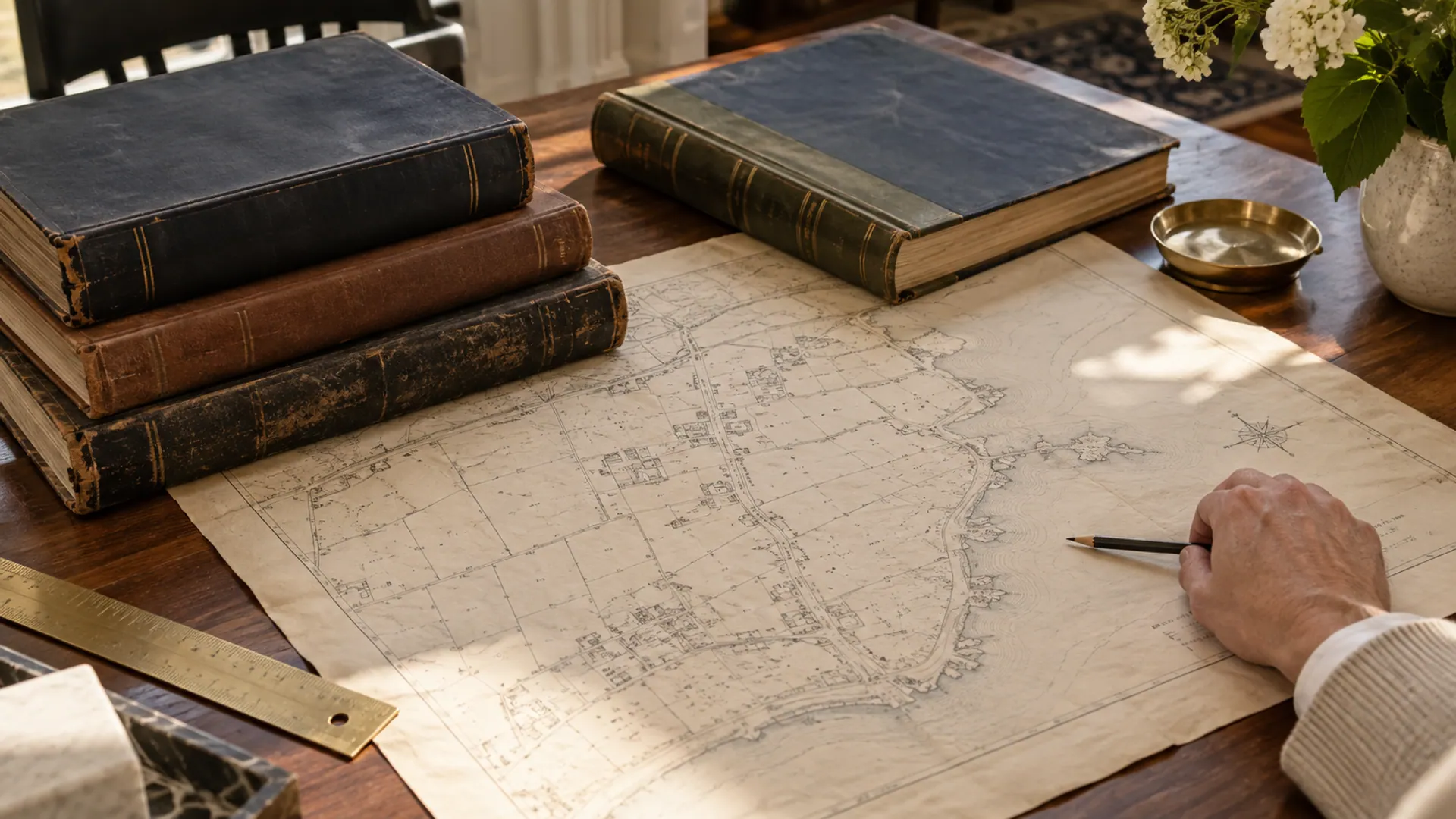 Bound property ledgers and a historical plat laid out on a research table