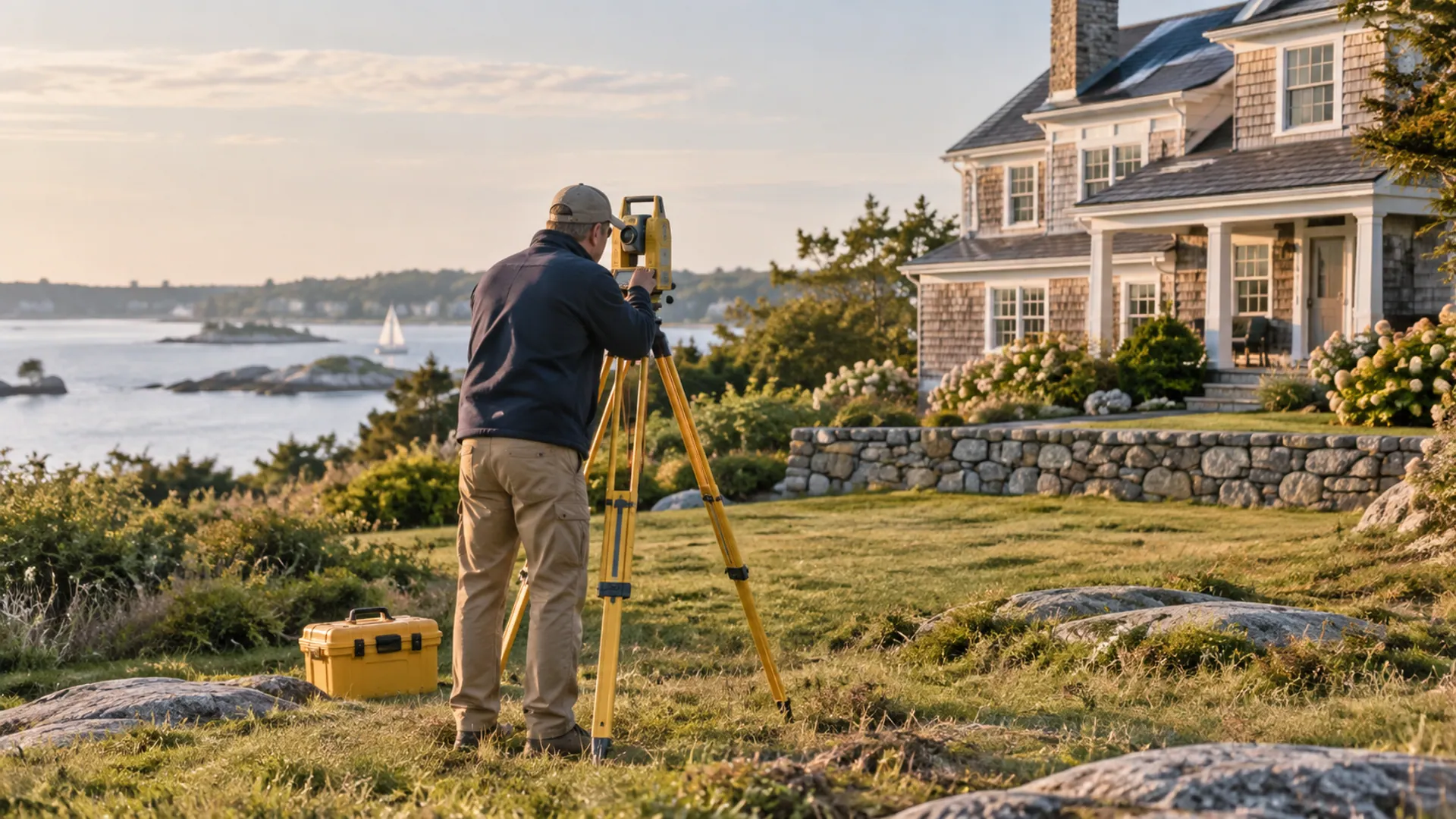 Licensed-surveyor style anonymous adult worker using a survey tripod in open grassy residential ground