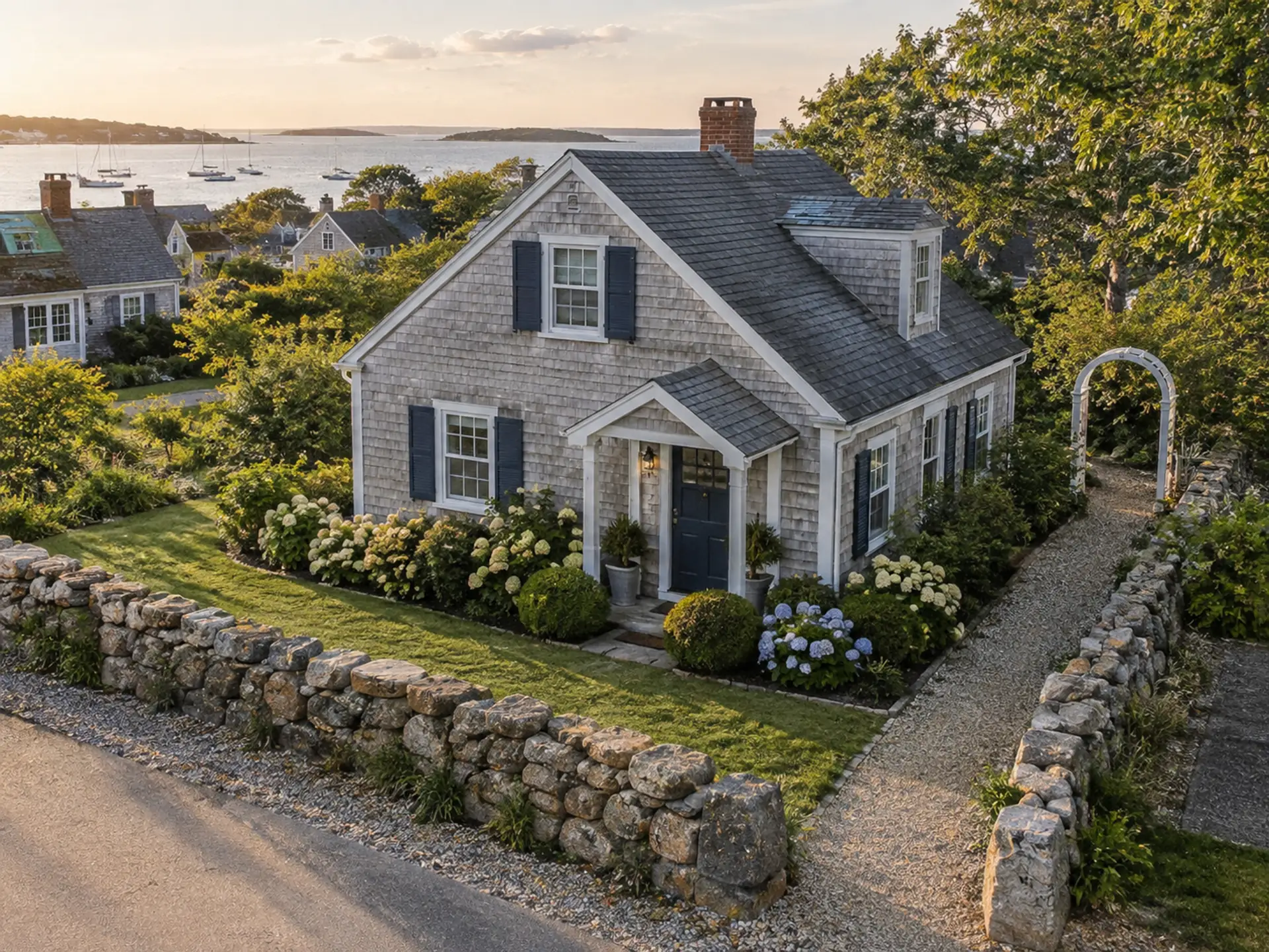 Aerial-like elevated view of a modest property with a stone boundary wall and side path