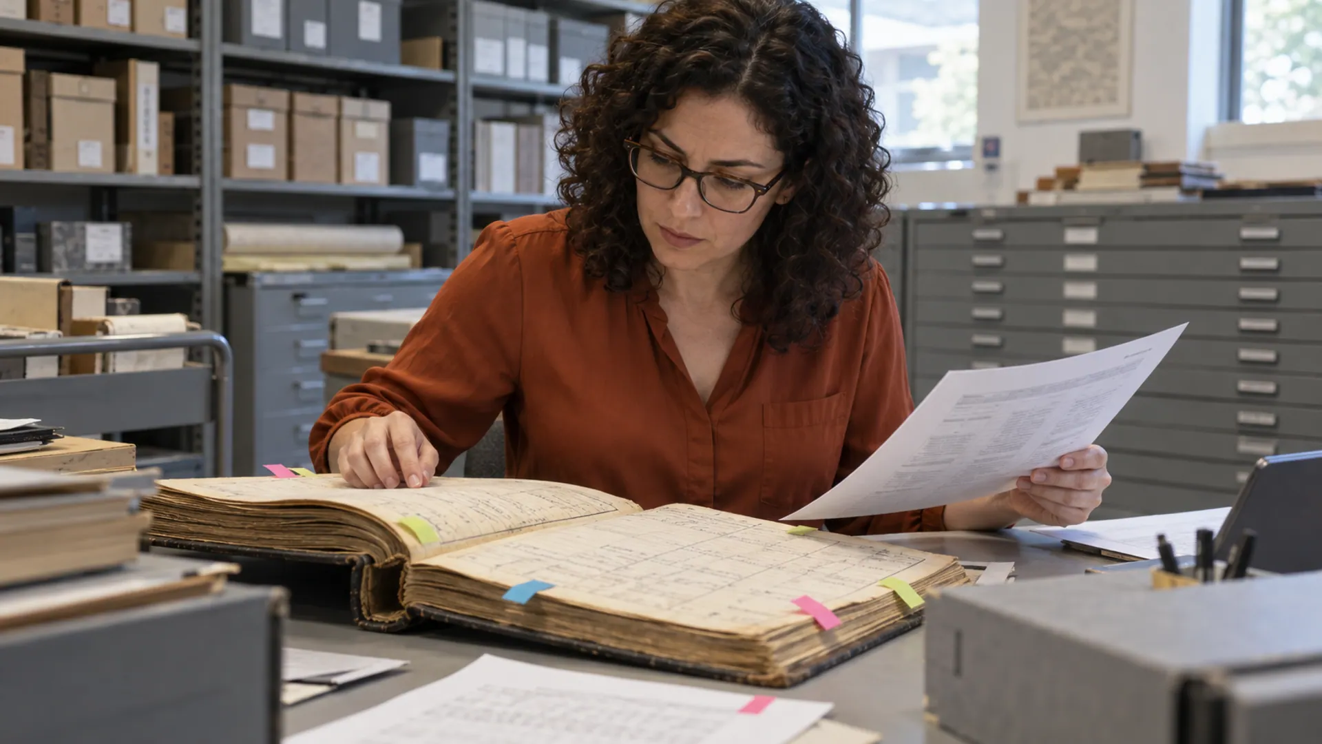 A records examiner comparing older land records with a current title document