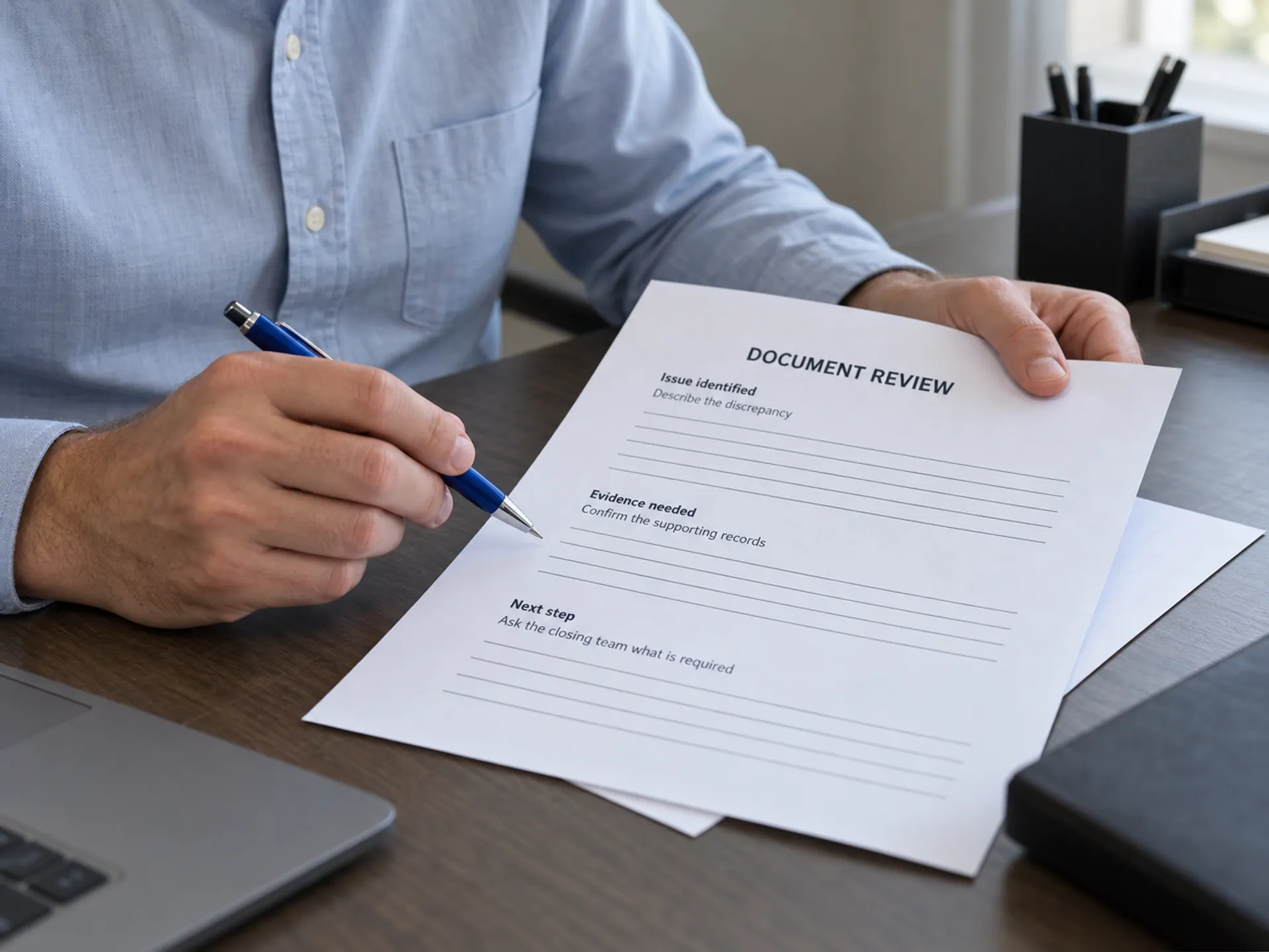 Professional checking a printed document-review sheet with a blue pen