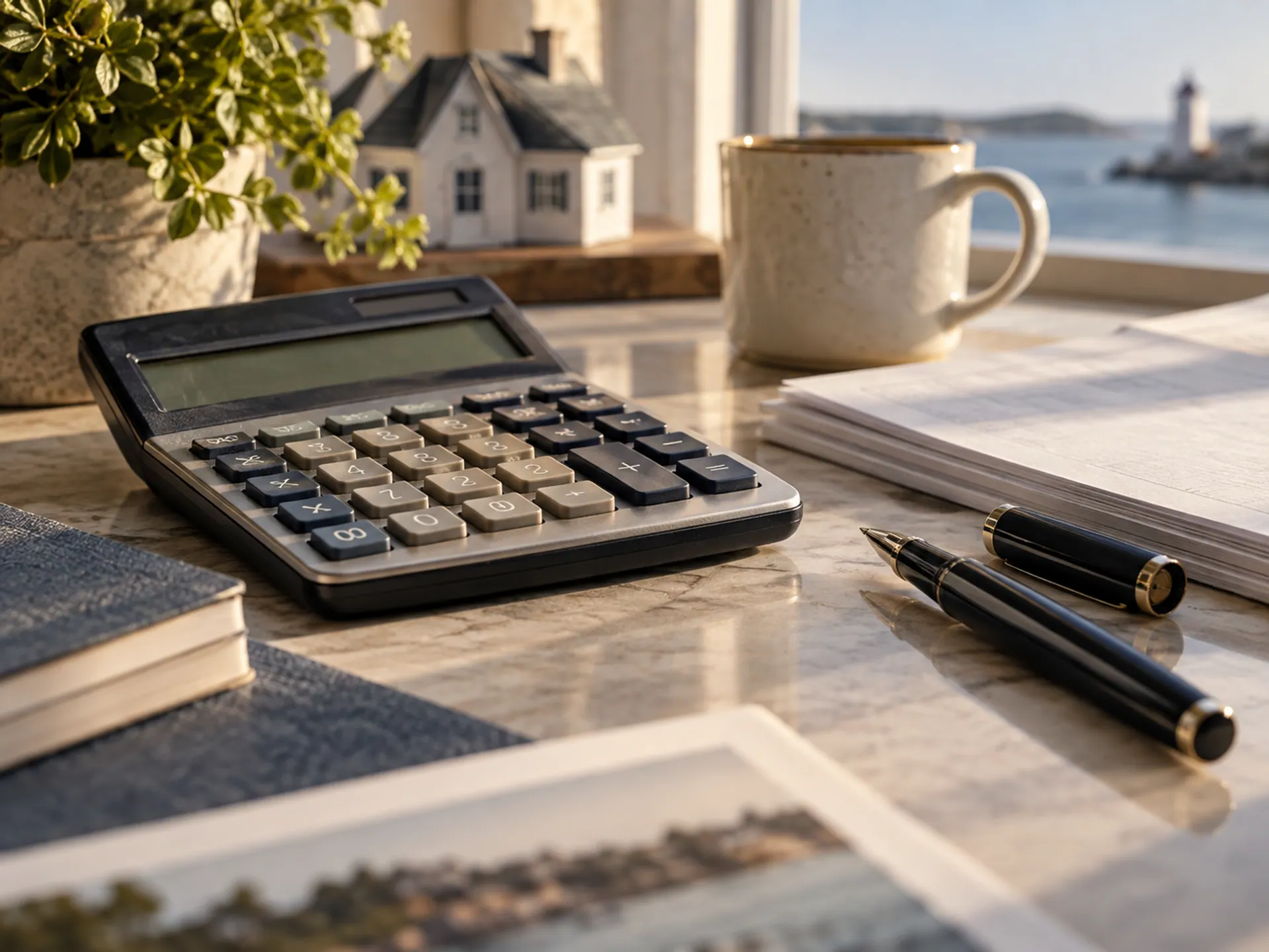 Macro photograph of calculator keys beside neat paper edges and an uncapped ordinary pen