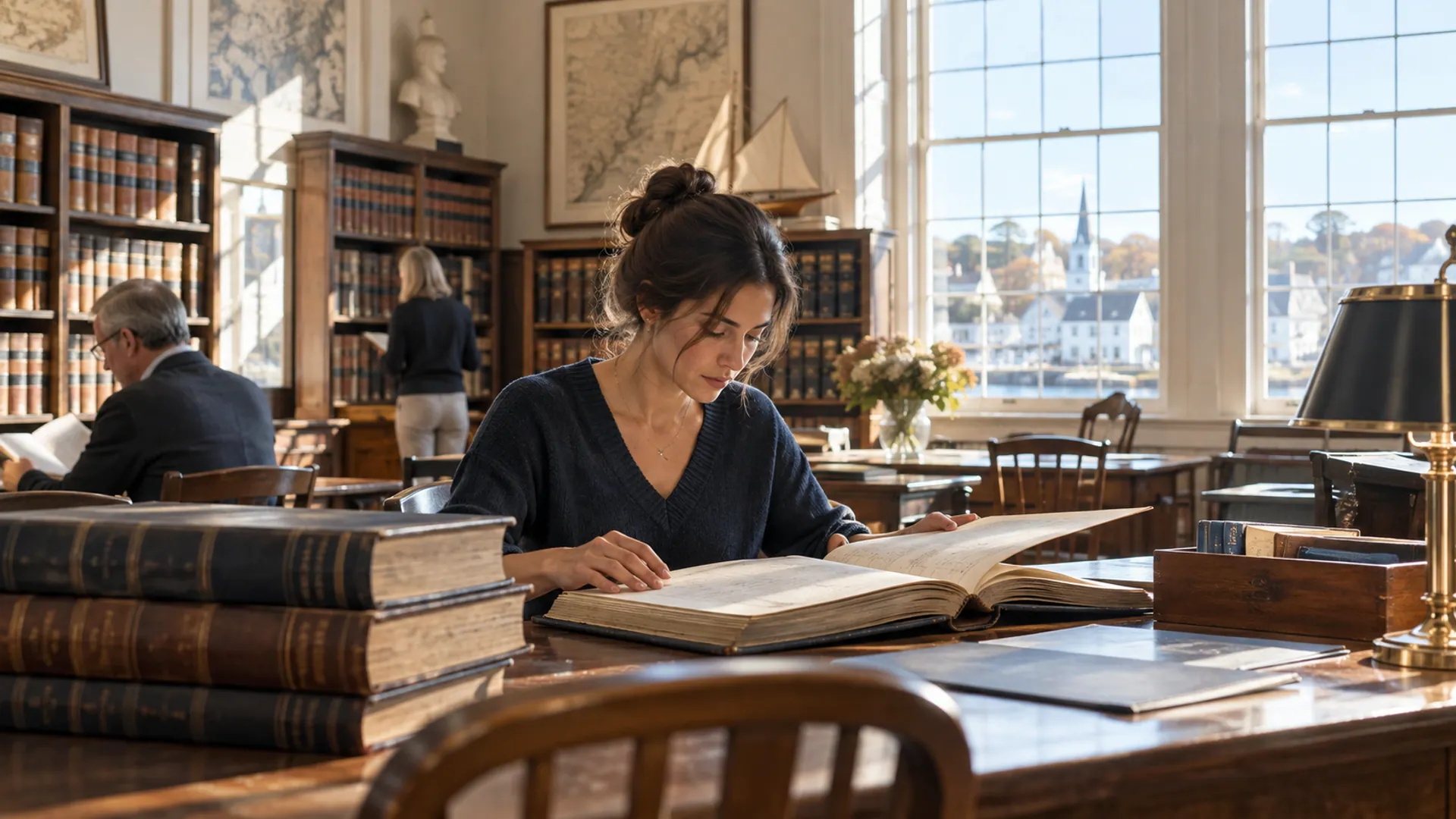 A sunlit historic New England town records reading room with wooden shelves and bound public ledgers