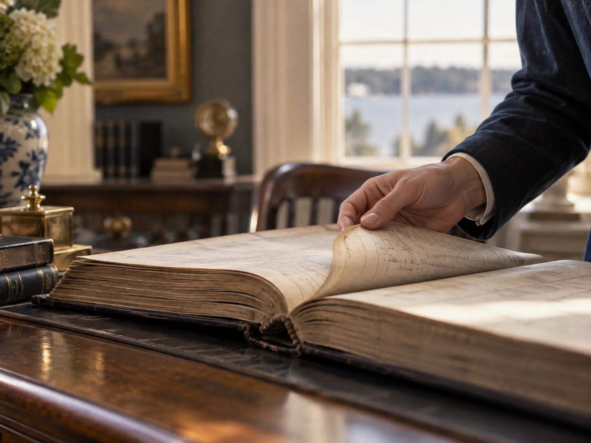 A person's hand gently turning a page in a bound land-record ledger