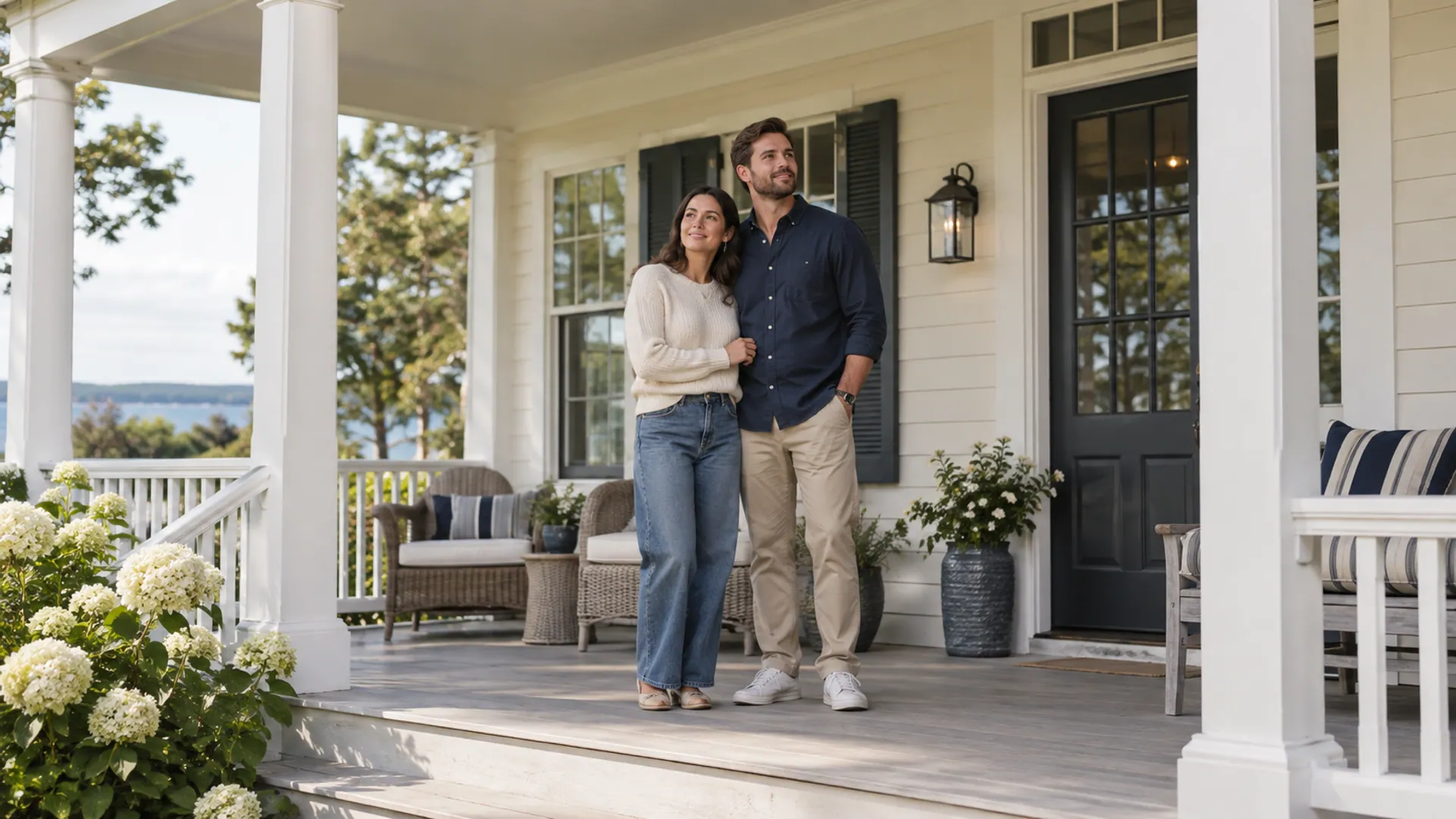 A young adult couple standing together on the wide porch of a cream New England house