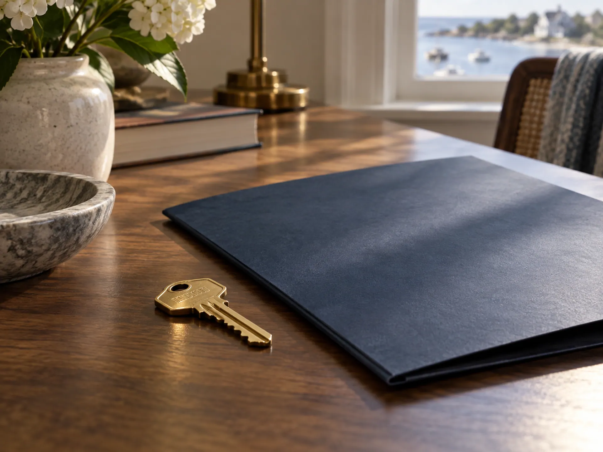Closeup of a brass house key next to an unmarked navy document folder on a walnut desk
