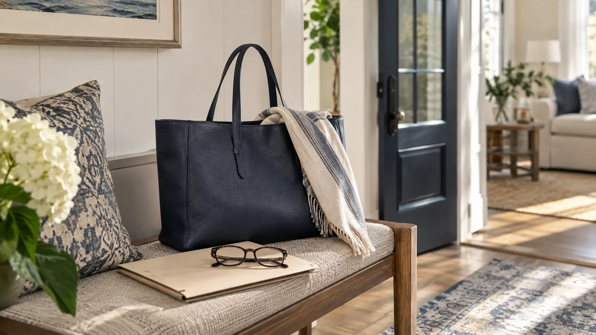 A navy tote bag prepared beside an entry bench