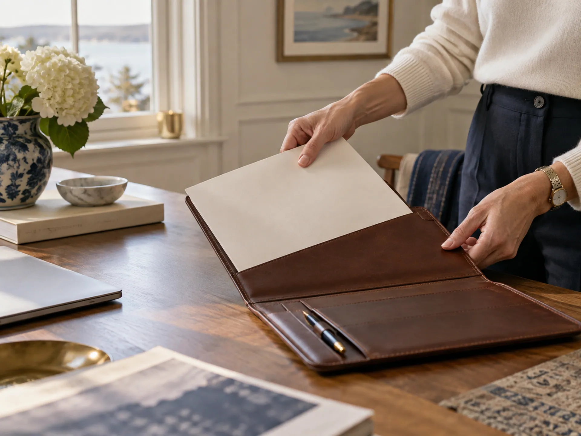 A hand placing a blank unbranded document sleeve into a simple leather folio