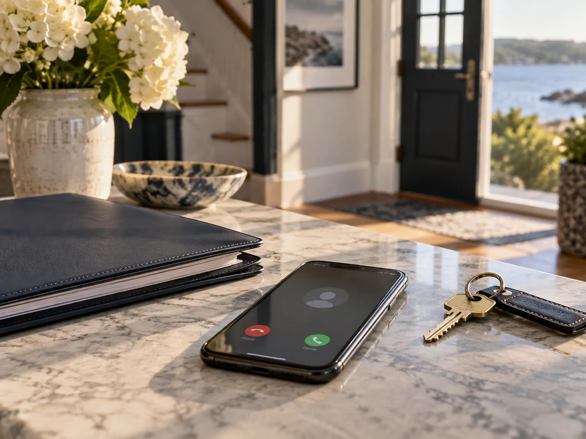 An ordinary smartphone lying beside a house key and closed folder